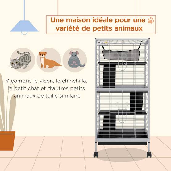 Cage rongeur métal pour furet et chinchilla 4 niveaux sur roulettes 52x113cm gris clair - ComfortXL Outdoor Living - Image 6