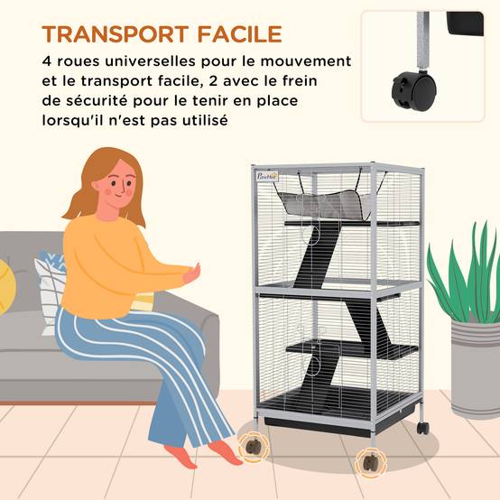 Cage rongeur métal pour furet et chinchilla 4 niveaux sur roulettes 52x113cm gris clair - ComfortXL Outdoor Living - Image 7