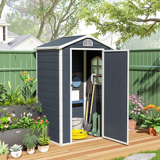 Sans Marque - Abri jardin 1,1m² outils toit pente 134x104x204 cm plastique porte verrouillable ventilation fenêtre gris foncé - Image 4