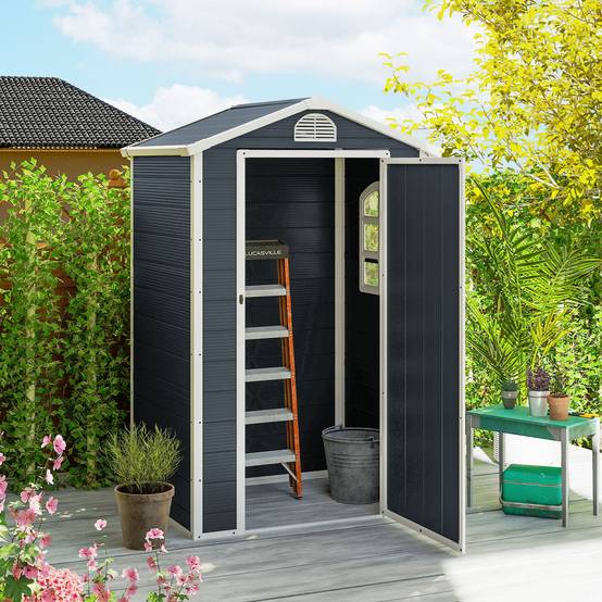 Sans Marque - Abri jardin 1,1m² outils toit pente 134x104x204 cm plastique porte verrouillable ventilation fenêtre gris foncé - Image 3