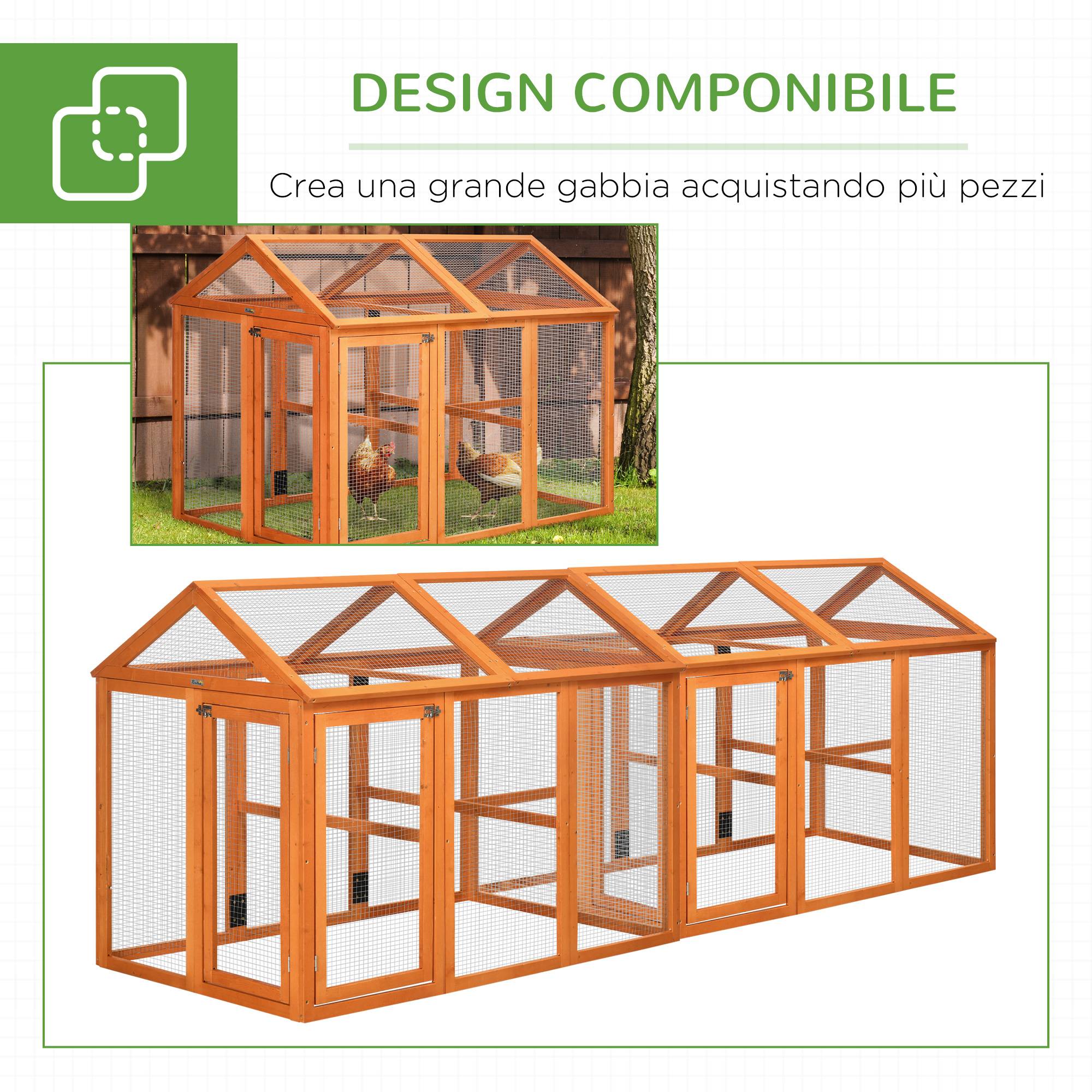 Poulailler en bois avec plusieurs portes et grillage métallique, 140 x 88,5 x 106 cm, orange - Image 9