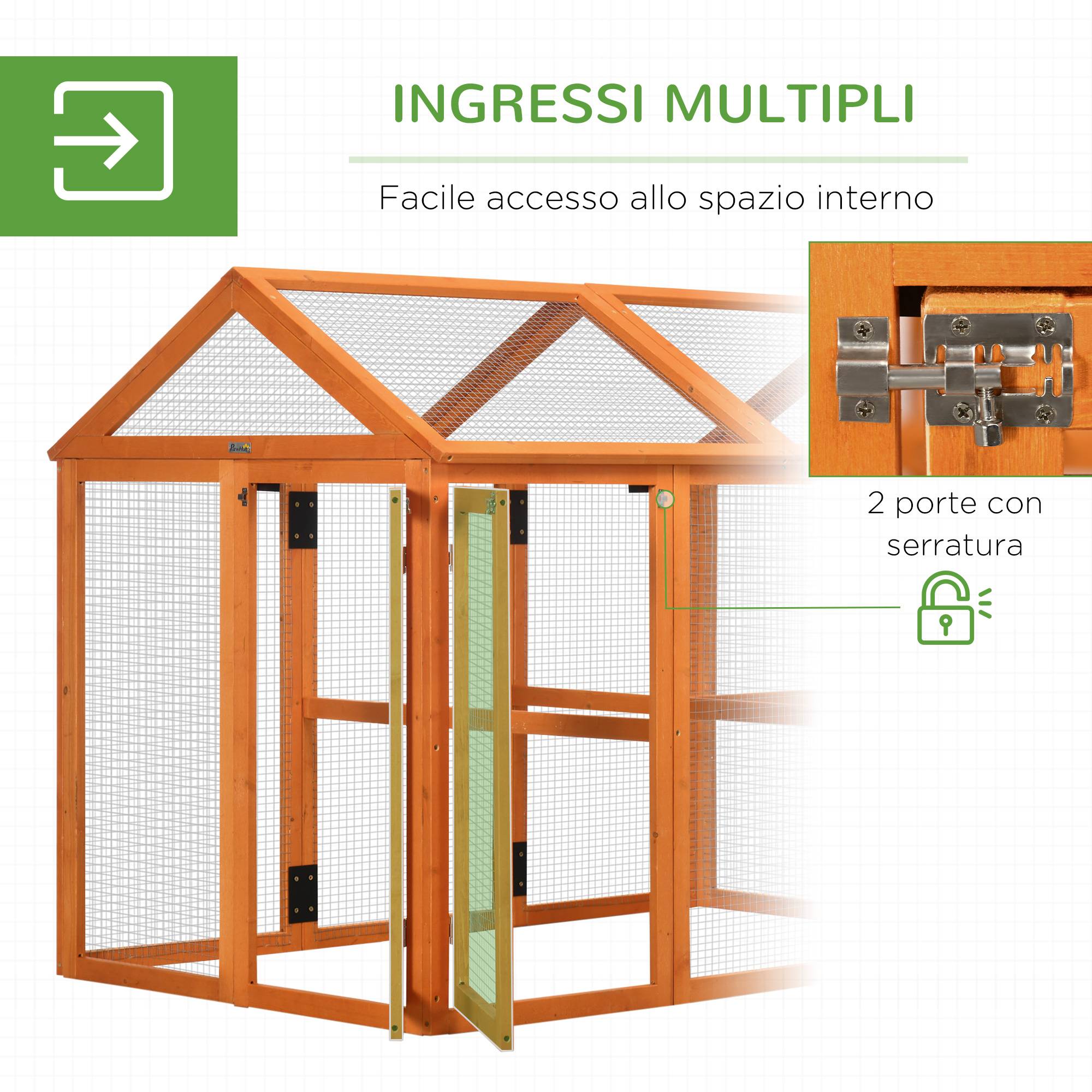 Poulailler en bois avec plusieurs portes et grillage métallique, 140 x 88,5 x 106 cm, orange - Image 7