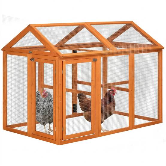 Poulailler en bois avec plusieurs portes et grillage métallique, 140 x 88,5 x 106 cm, orange - Image 1