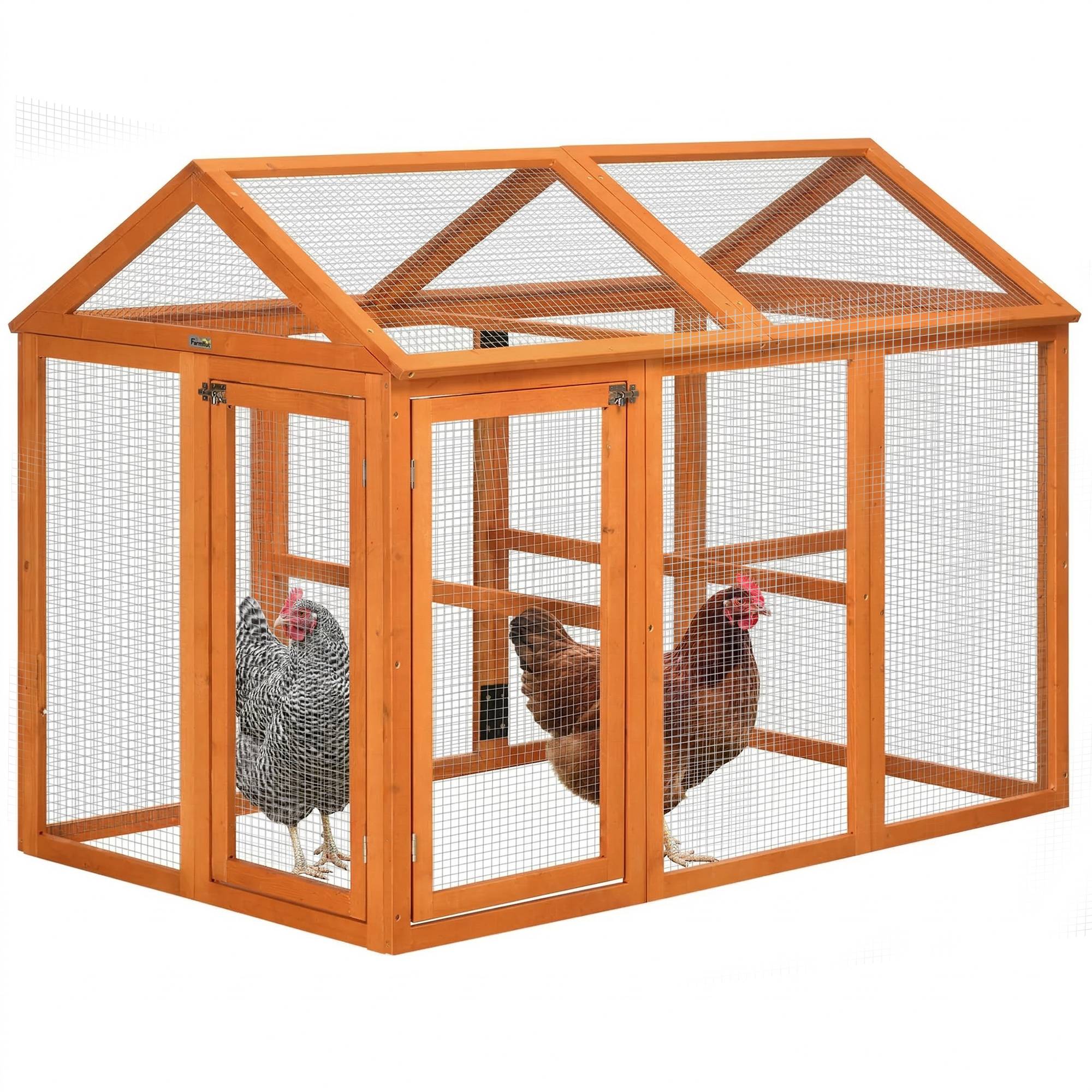 Poulailler en bois avec plusieurs portes et grillage métallique, 140 x 88,5 x 106 cm, orange - Image 1