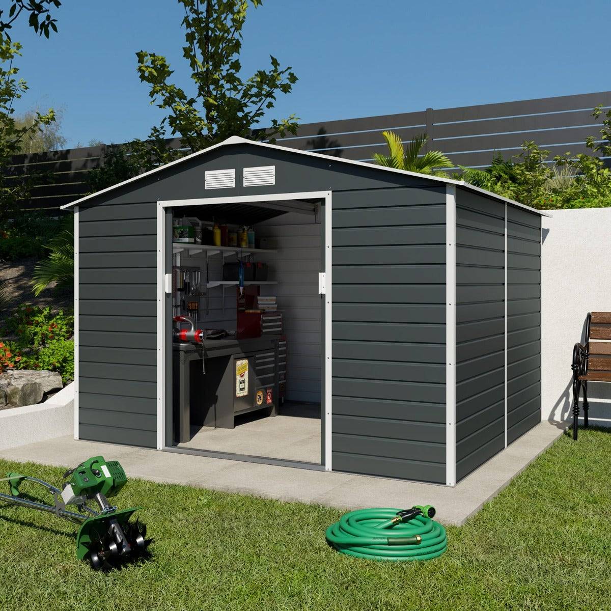 Abri de jardin métal gris 6,5 m2 + kit d'ancrage - Image 1