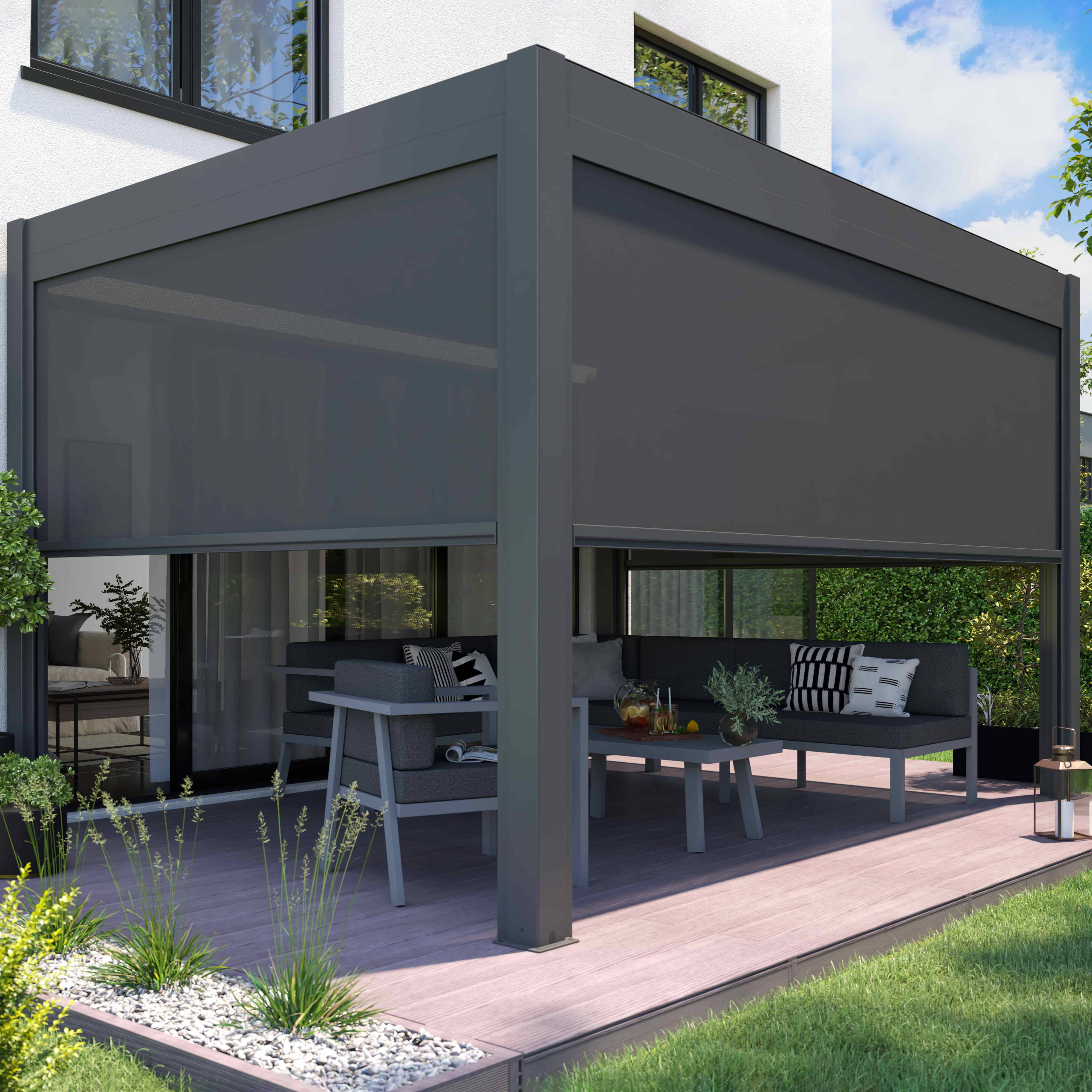 Oviala - Pergola bioclimatique autoportée motorisée et éclairée 3x4m et 1 store Kavala - Oviala