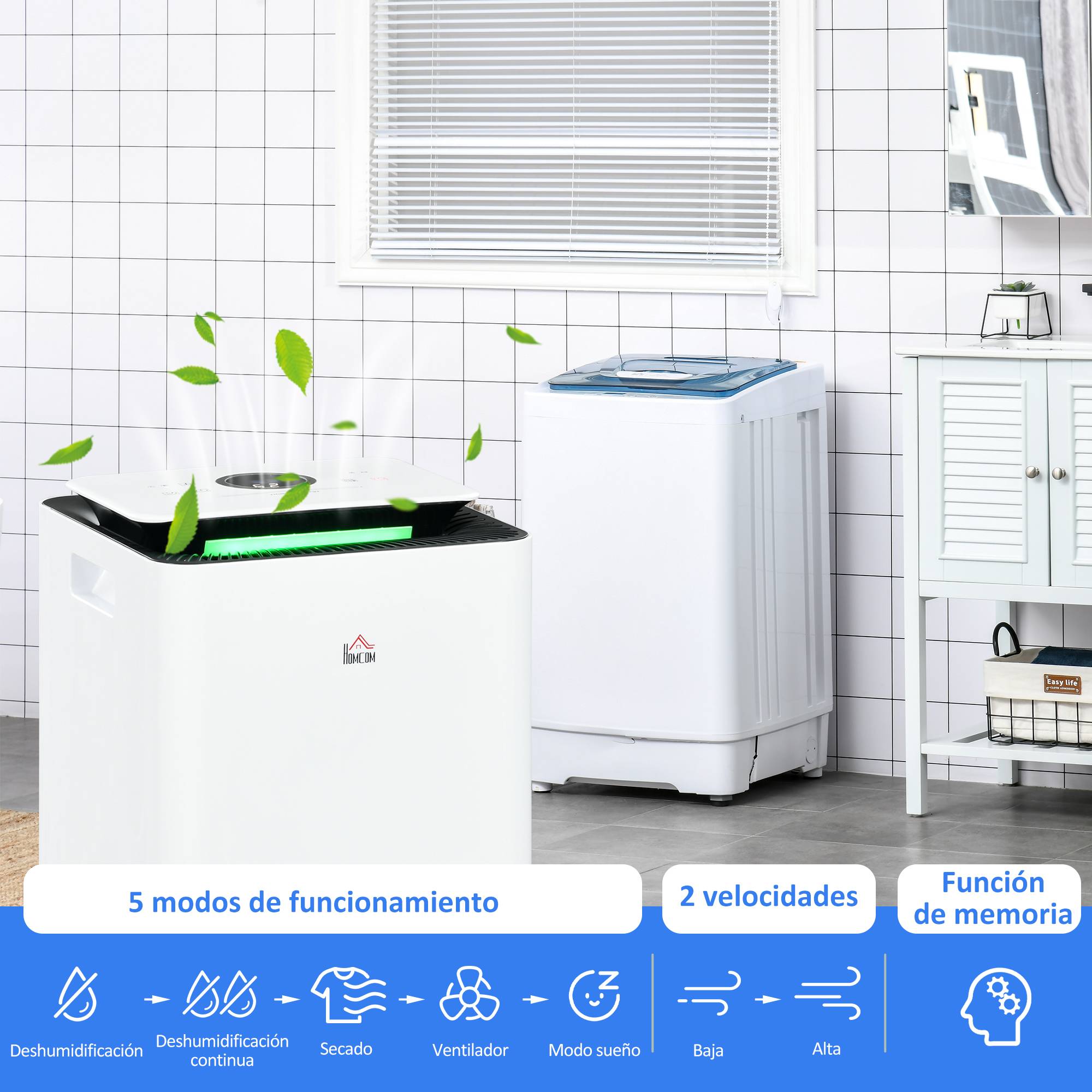 Déshumidificateur électrique 10L/jour réservoir 2,5L, 5 modes 2 vitesses, minuterie, 25x25x50,5cm, blanc - Image 7