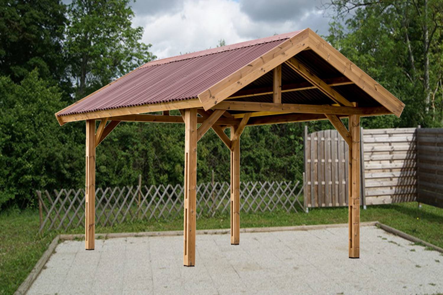 Habrita - Auvent THURAC double pente 30° en bois couverture plaques ondulées 10,80 m² Habrita - Image 1