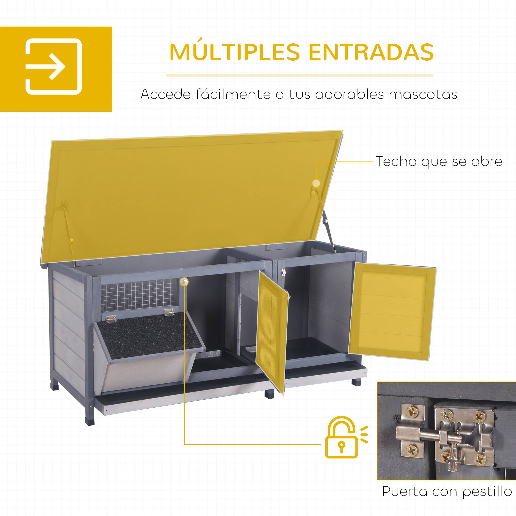 Clapier à Lapins en Bois pour Extérieur avec Mangeoire Intégrée Toit Ouvrant 112 cm Gris - ComfortXL Outdoor Living - Image 7