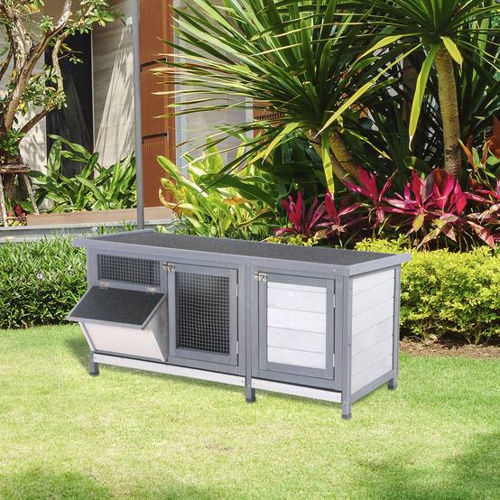 Clapier à Lapins en Bois pour Extérieur avec Mangeoire Intégrée Toit Ouvrant 112 cm Gris - ComfortXL Outdoor Living - Image 4