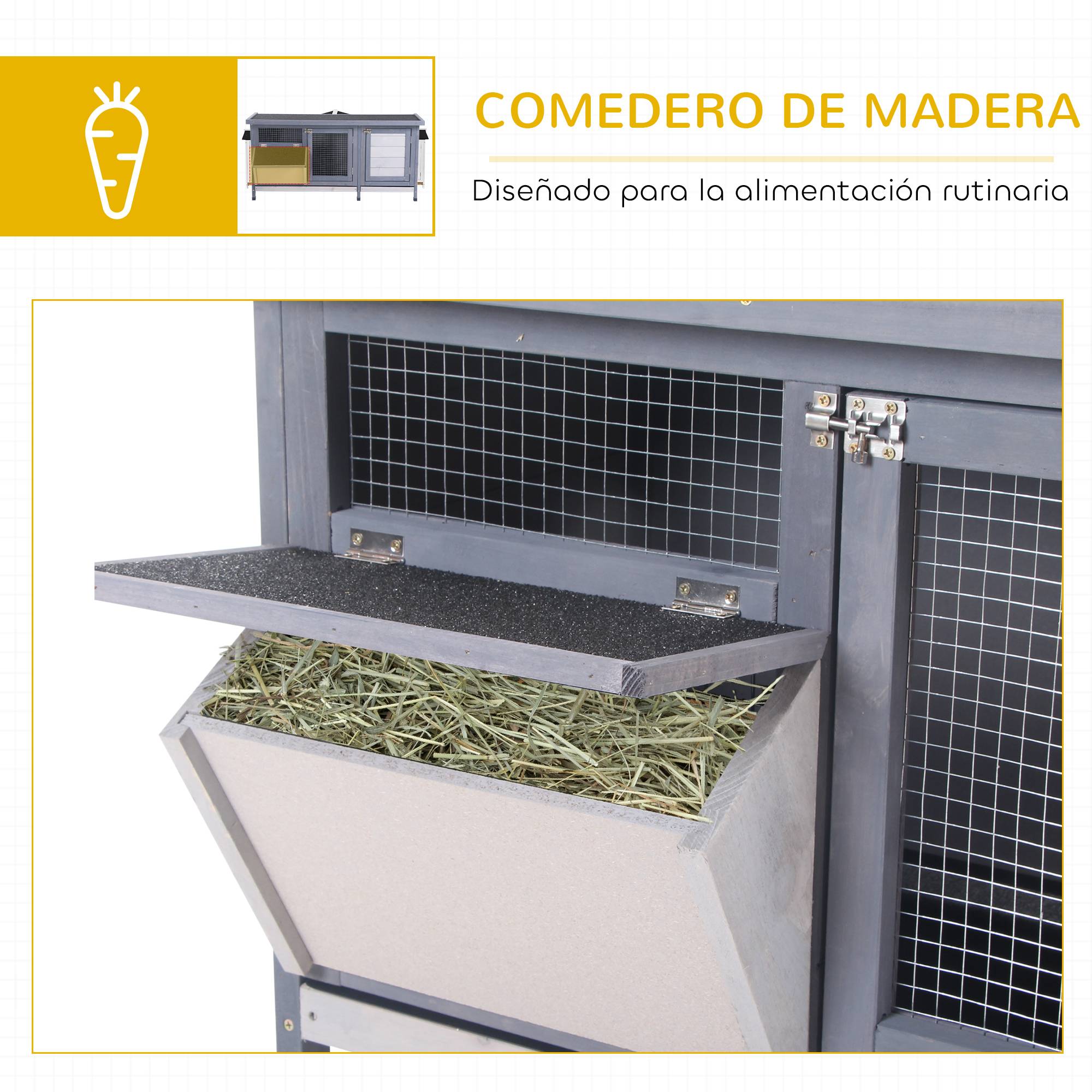 Clapier à Lapins en Bois pour Extérieur avec Mangeoire Intégrée Toit Ouvrant 112 cm Gris - ComfortXL Outdoor Living - Image 8