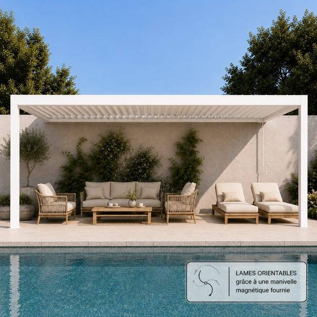 Pergola Bioclimatique Aluminium Adossée Blanc 5x3 Manuelle S ORIAL France - Image 3