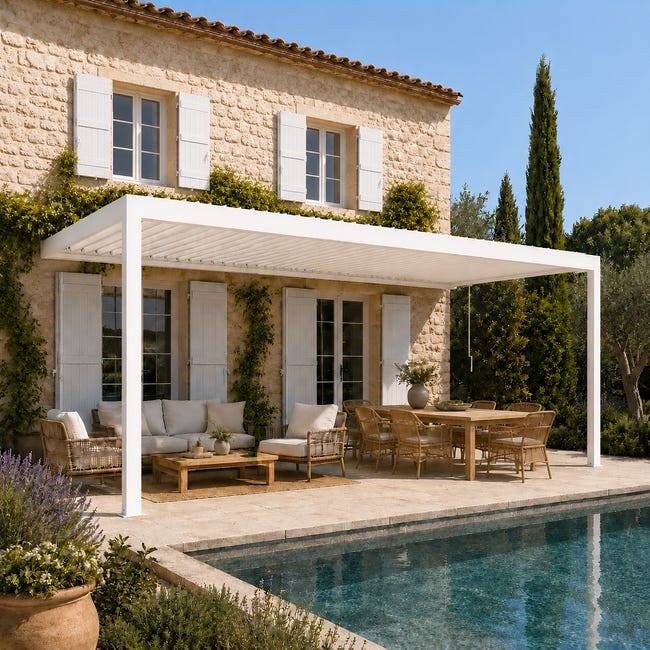 Pergola Bioclimatique Aluminium Adossée Blanc 5x3 Manuelle S ORIAL France - Image 1