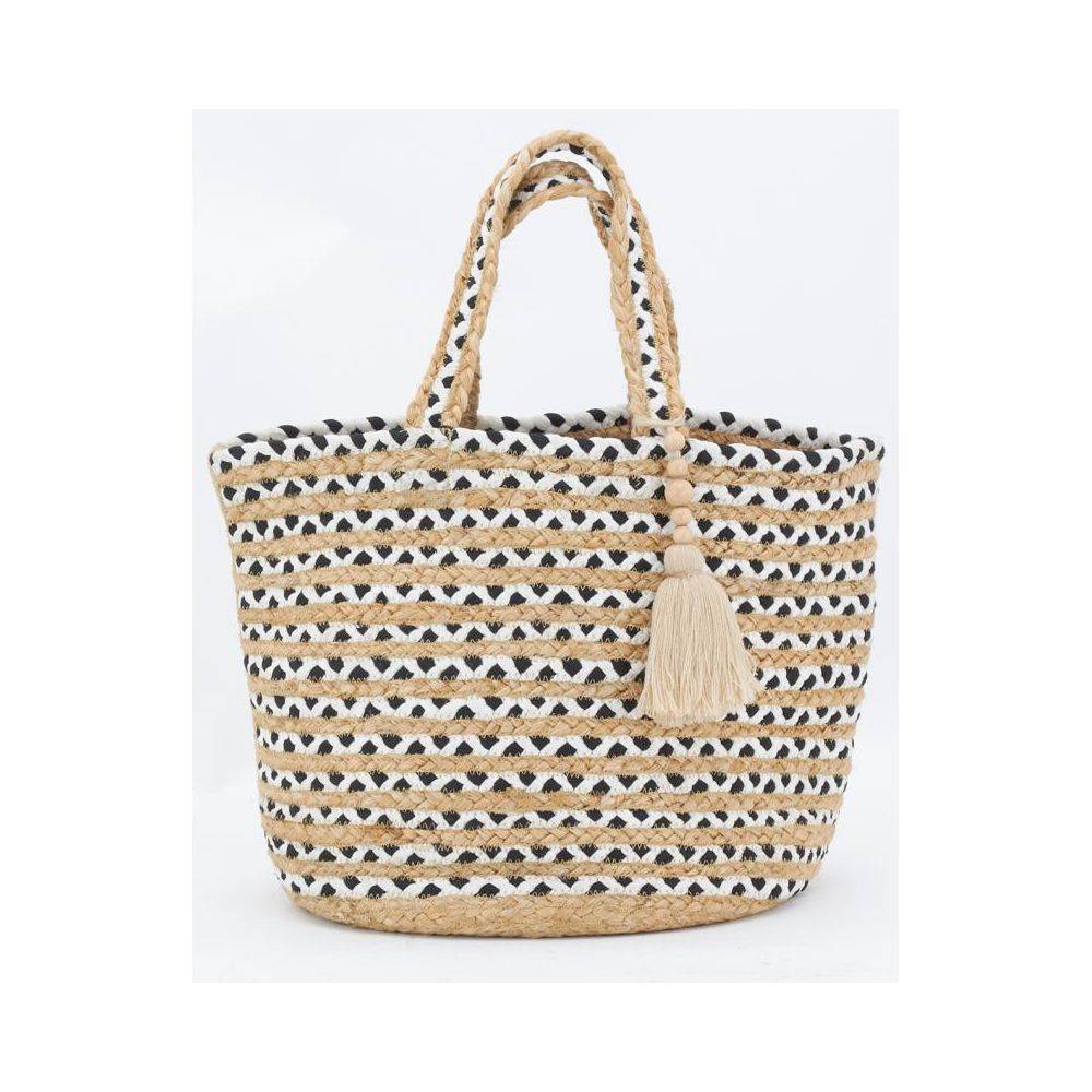 Aubry Gaspard - Sac en jute noir et blanc Indi avec pompon - Image 2