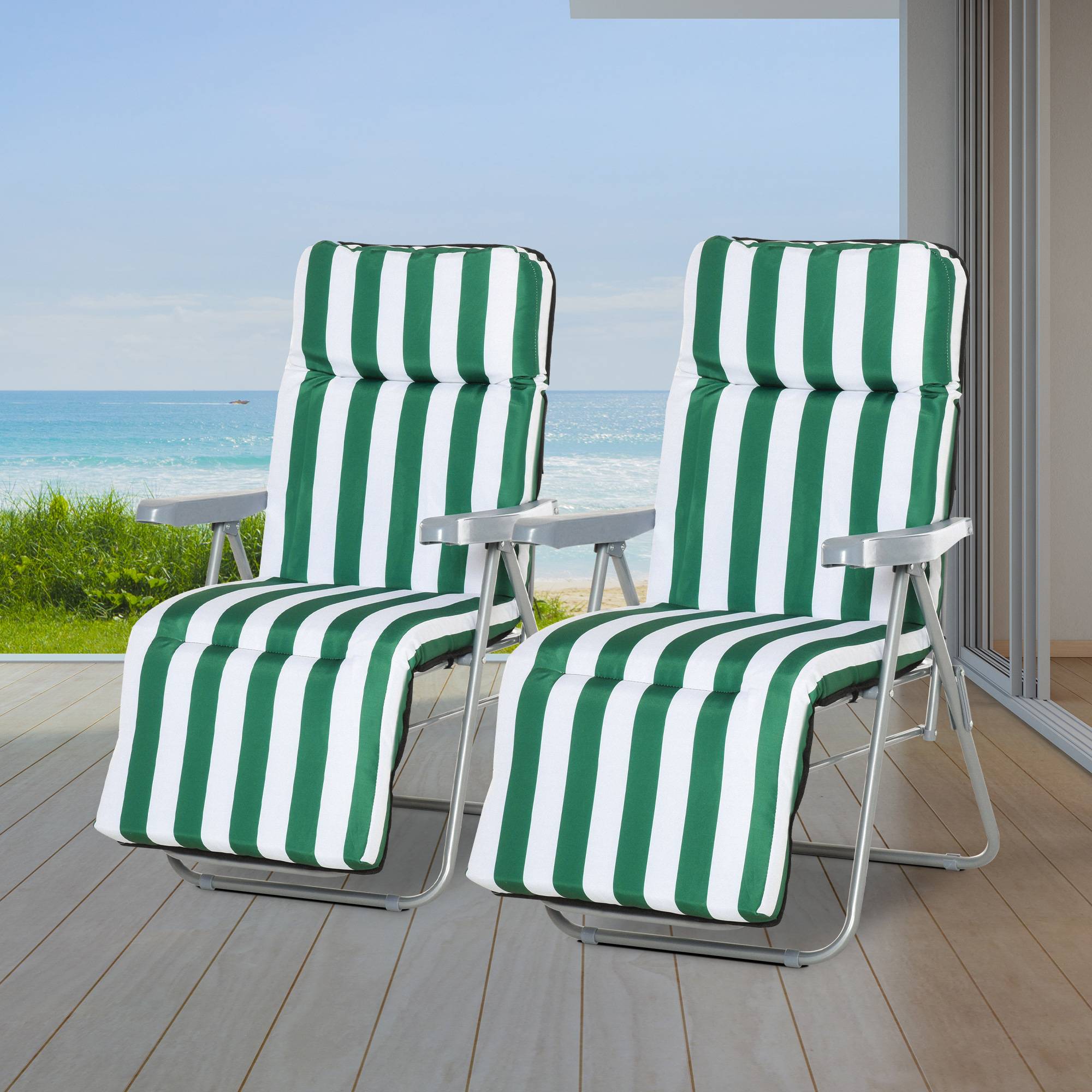 Lot de 2 chaises longues jardin pliables vert blanc acier avec coussins dossier confort 102 cm - Image 4