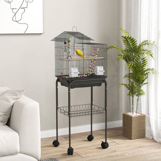 Volière sur roulettes pour perruches avec jouets balançoire et perchoirs 46x36x120 cm Noir - ComfortXL Outdoor Living - Image 3