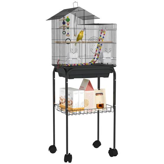 Volière sur roulettes pour perruches avec jouets balançoire et perchoirs 46x36x120 cm Noir - ComfortXL Outdoor Living - Image 1