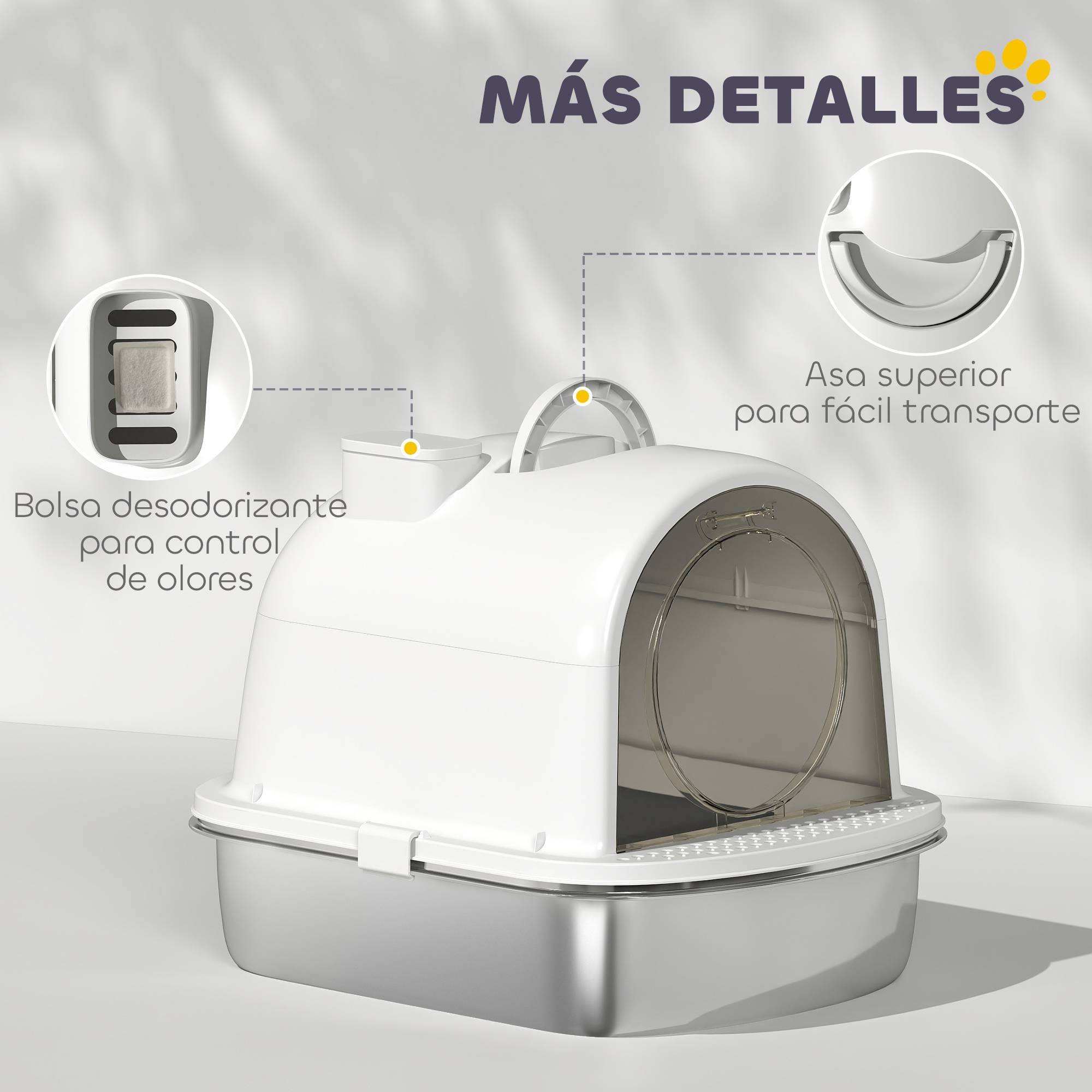 Bac à litière pour chat en acier inoxydable avec couvercle, sac désodorisant, pelle, facile à nettoyer, 52,4 x 41,3 x 39,9 cm, blanc - Image 9