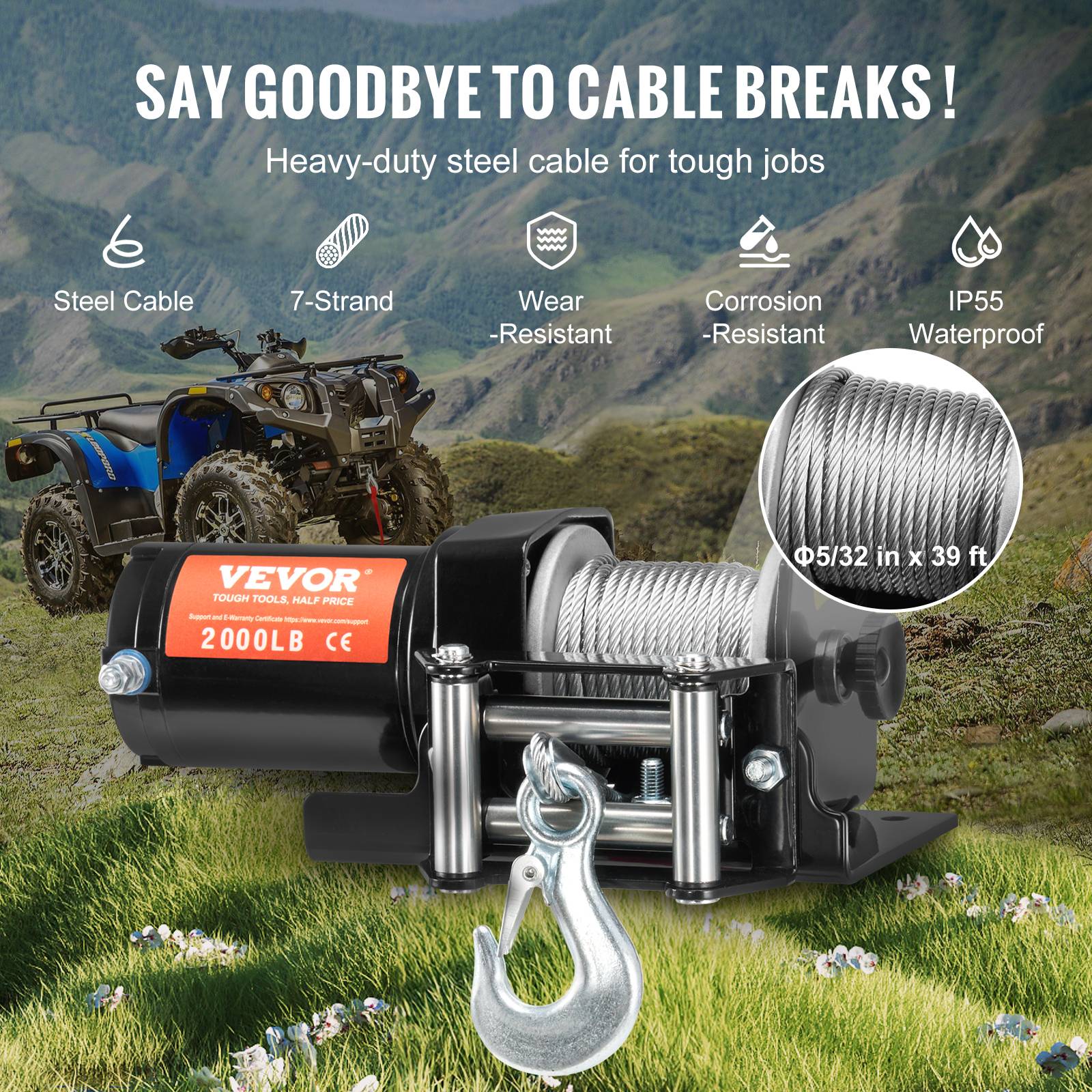 VEVOR Treuil electrique 907 kg, 12 V CC treuil pour VTT/UTV avec cable en acier a 7 brins de Φ0,4 x 1188,7 cm, telecommande - Image 4
