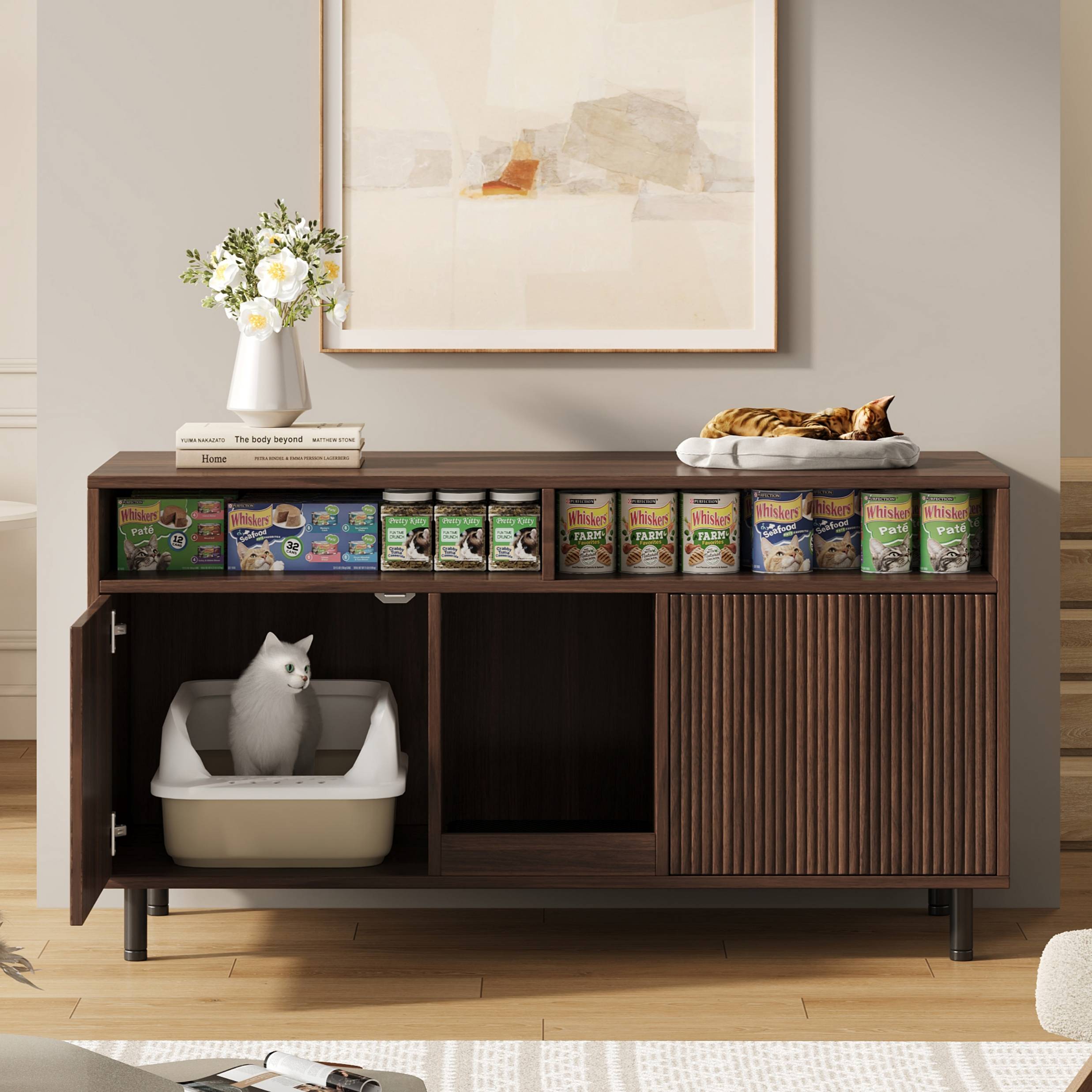 Meuble cache-litière en bois pour chat avec rangement et tapis 120x50x66cm Noyer - ComfortXL Outdoor Living - Image 6