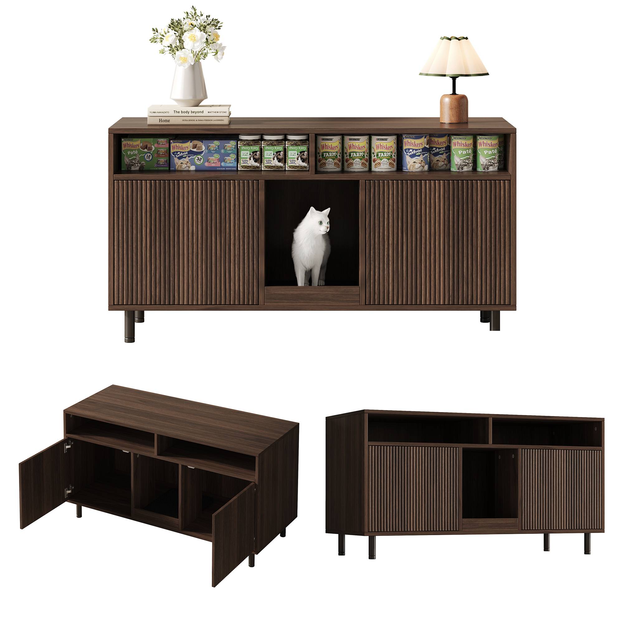 Meuble cache-litière en bois pour chat avec rangement et tapis 120x50x66cm Noyer - ComfortXL Outdoor Living - Image 7