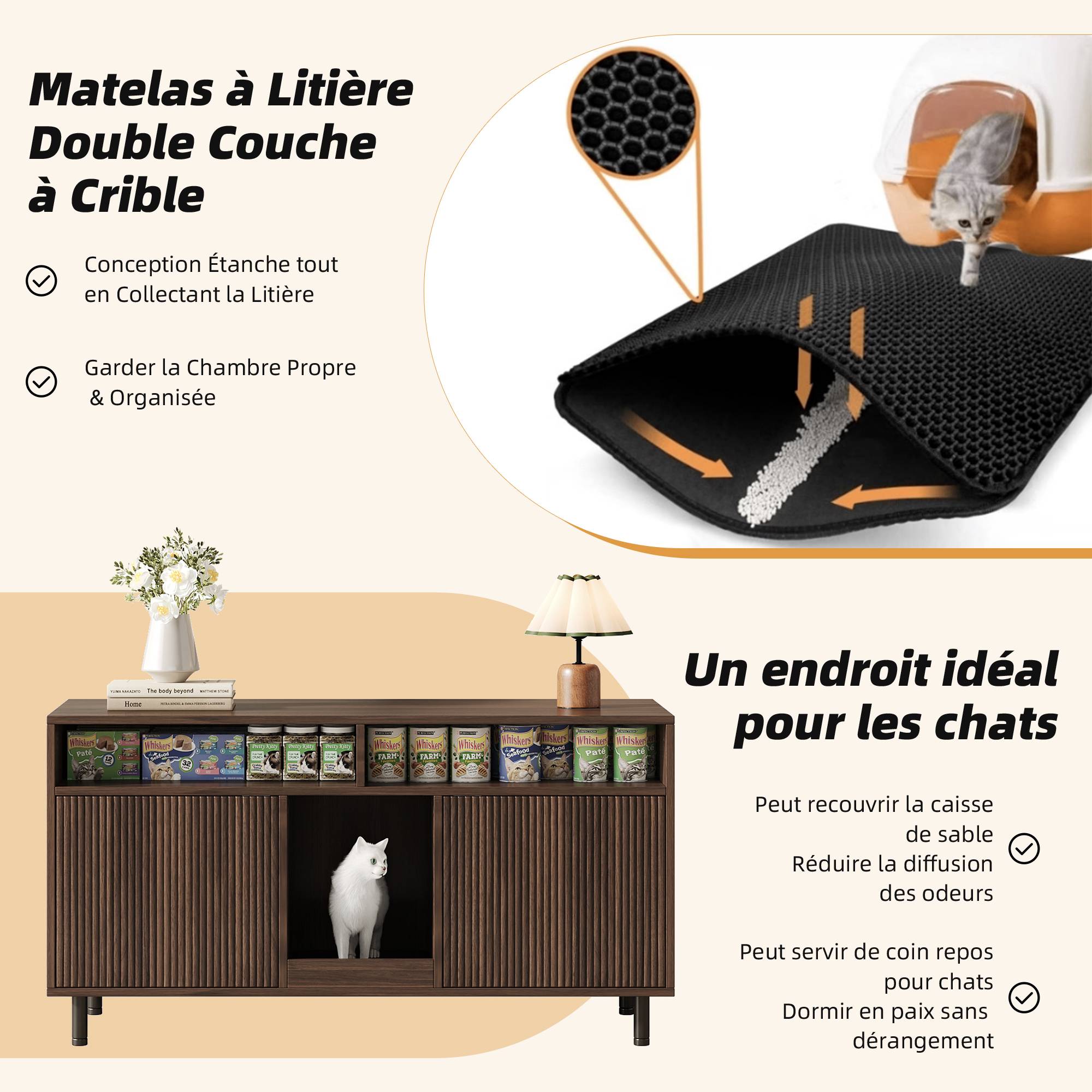 Meuble cache-litière en bois pour chat avec rangement et tapis 120x50x66cm Noyer - ComfortXL Outdoor Living - Image 4