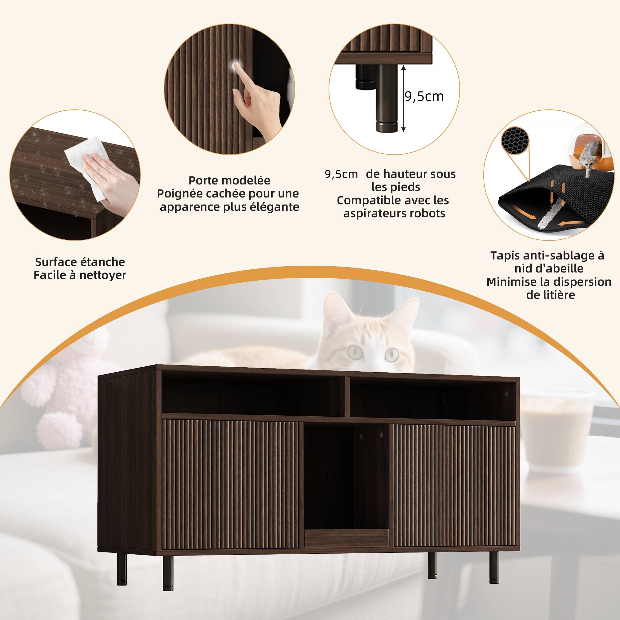 Meuble cache-litière en bois pour chat avec rangement et tapis 120x50x66cm Noyer - ComfortXL Outdoor Living - Image 5