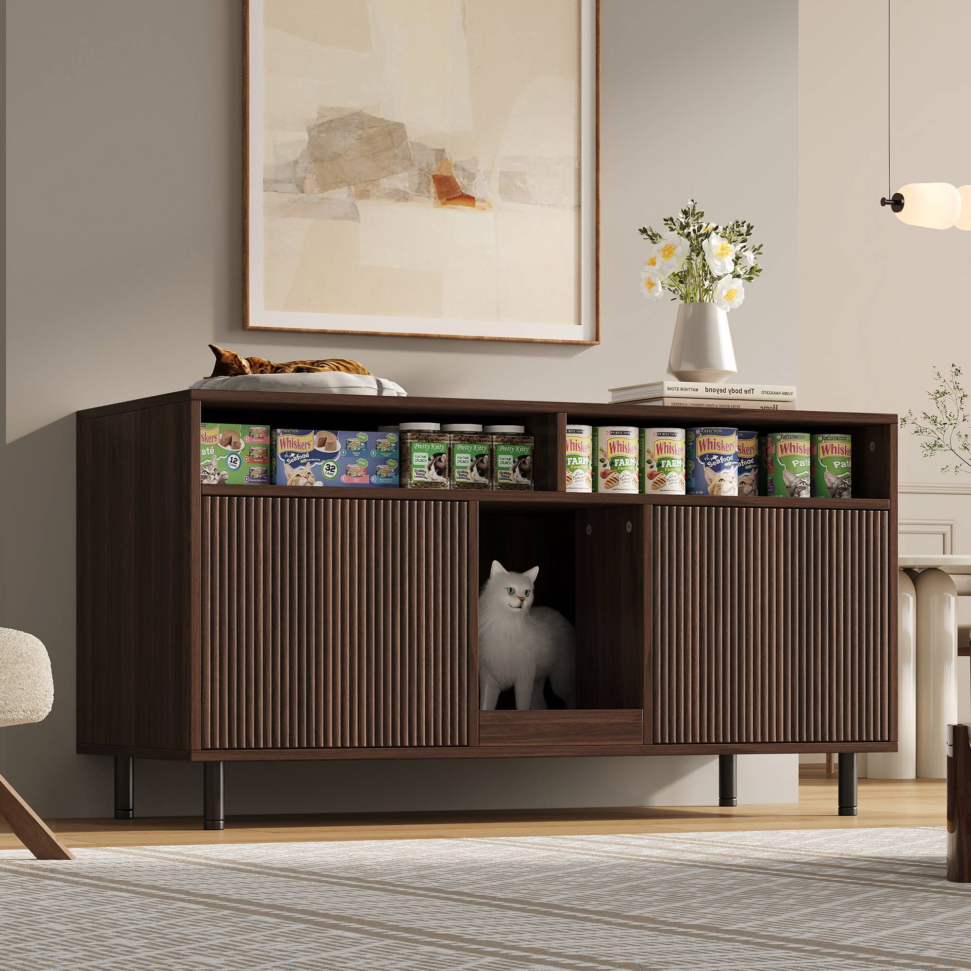 Meuble cache-litière en bois pour chat avec rangement et tapis 120x50x66cm Noyer - ComfortXL Outdoor Living - Image 1