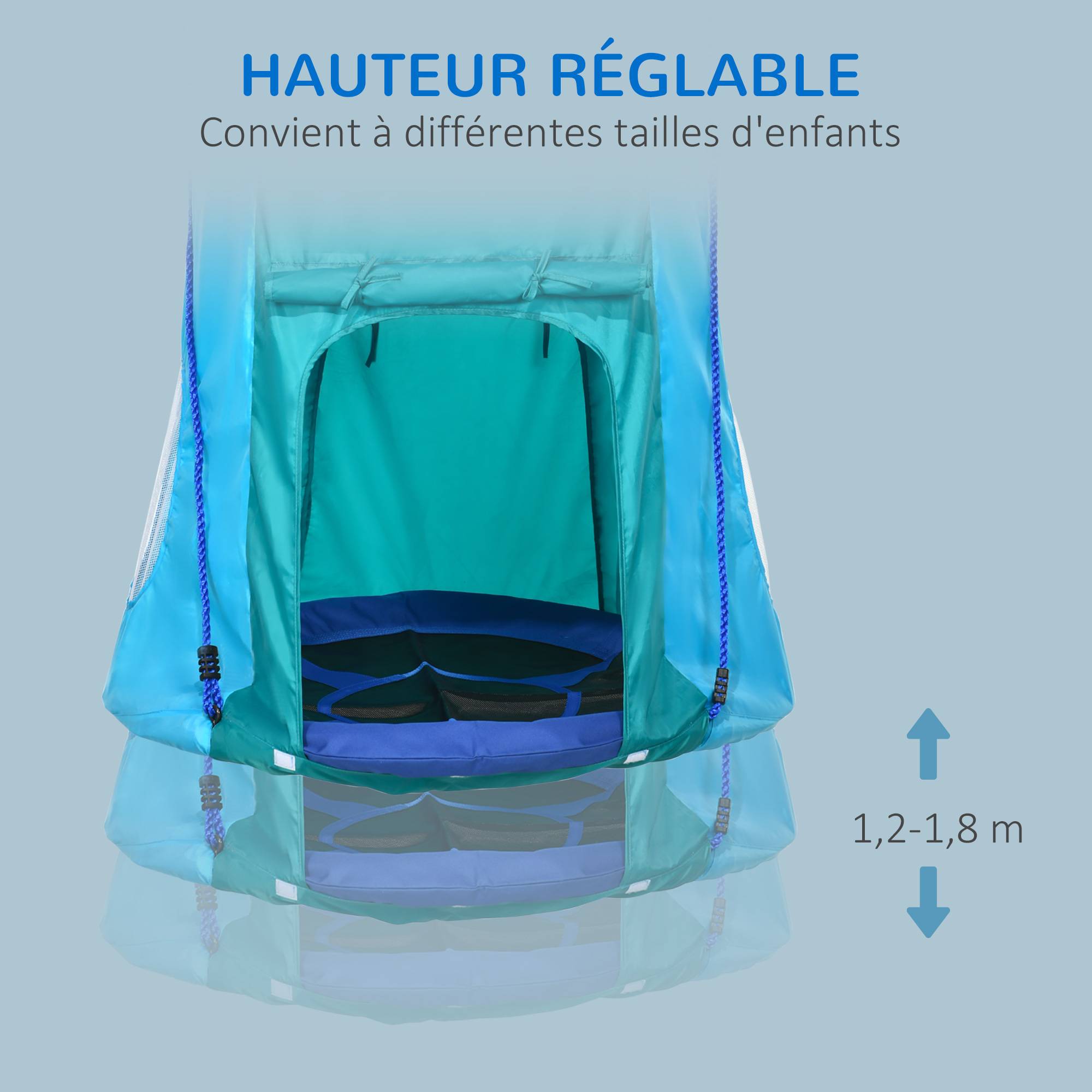Balançoire nid avec tente amovible Ø100 cm, charge max 150 kg, hauteur réglable de 120 à 180 cm, bleue, multifonction - Image 6