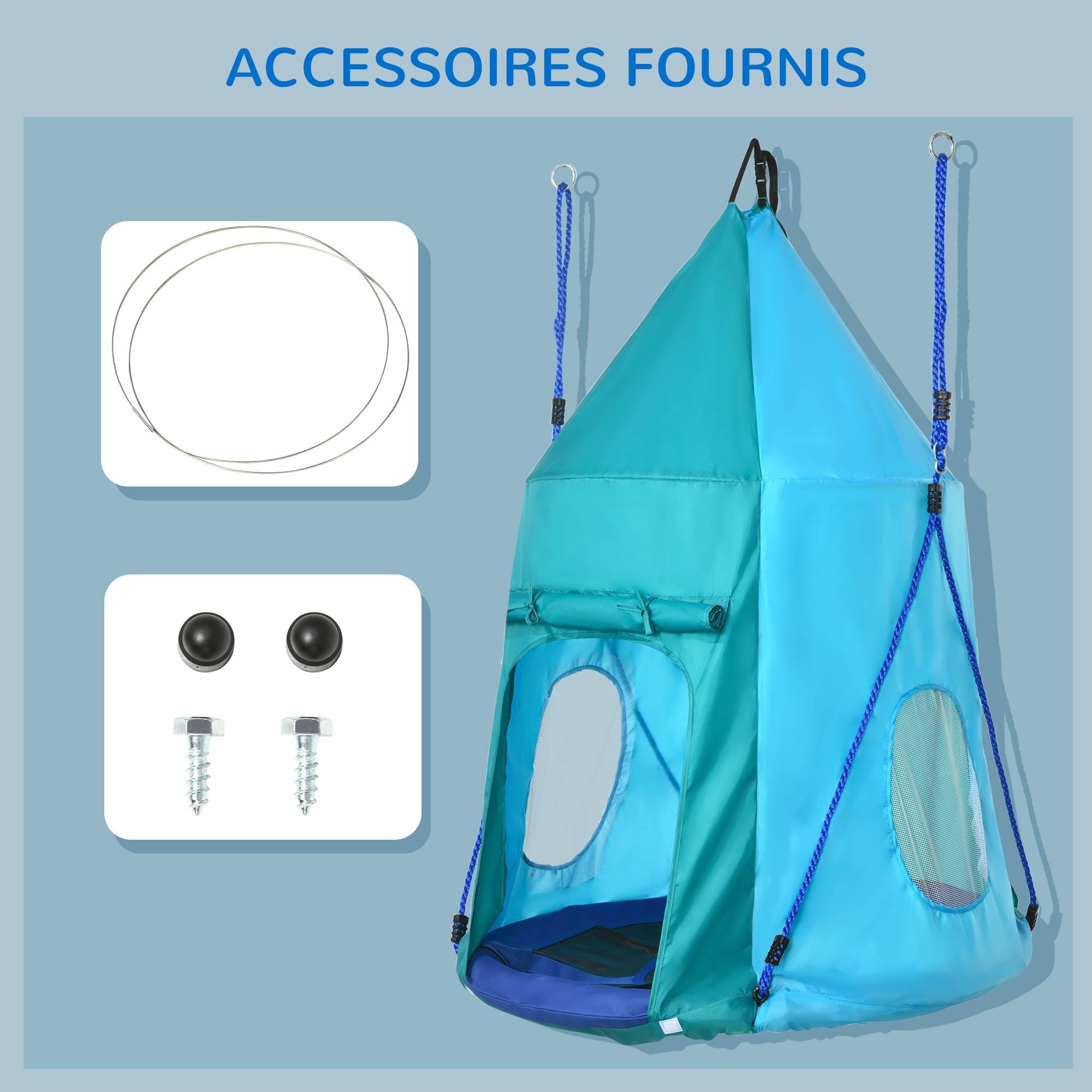Balançoire nid avec tente amovible Ø100 cm, charge max 150 kg, hauteur réglable de 120 à 180 cm, bleue, multifonction - Image 9
