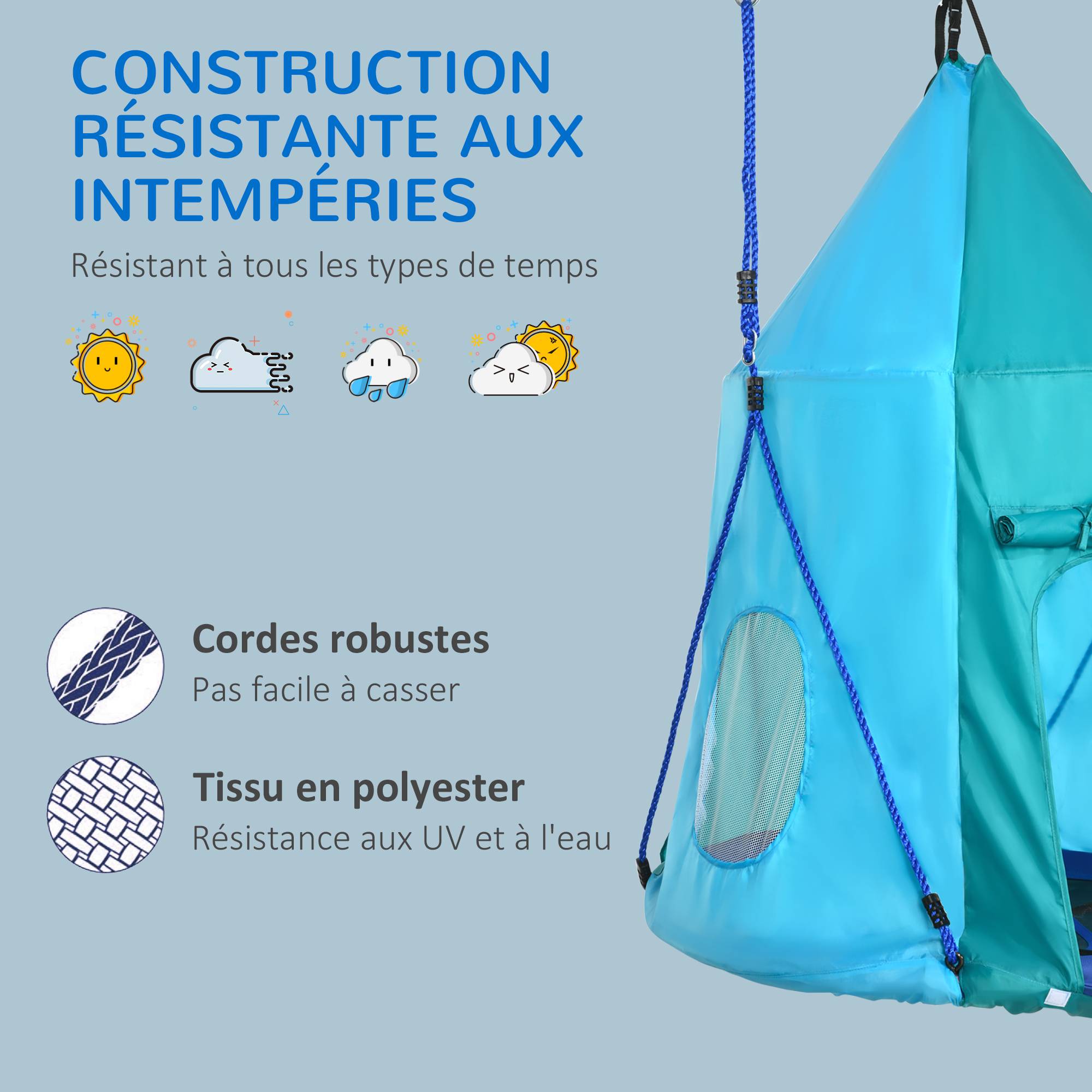 Balançoire nid avec tente amovible Ø100 cm, charge max 150 kg, hauteur réglable de 120 à 180 cm, bleue, multifonction - Image 8