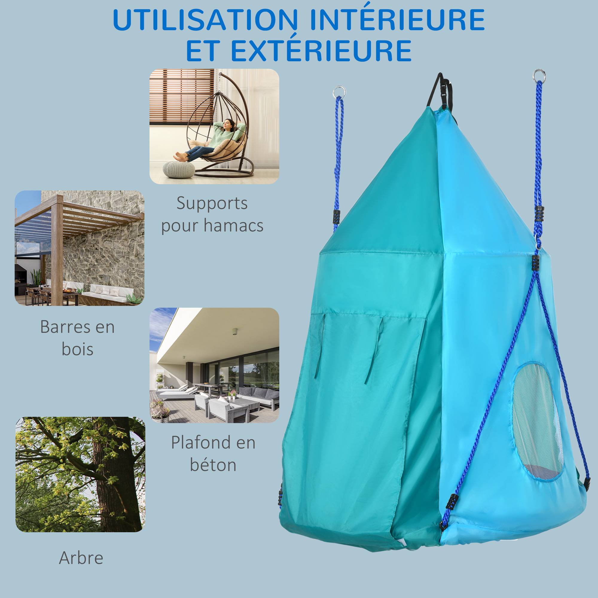 Balançoire nid avec tente amovible Ø100 cm, charge max 150 kg, hauteur réglable de 120 à 180 cm, bleue, multifonction - Image 7