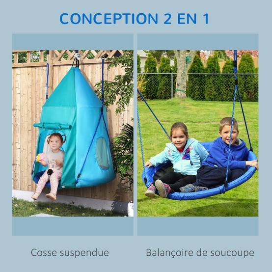 Balançoire nid avec tente amovible Ø100 cm, charge max 150 kg, hauteur réglable de 120 à 180 cm, bleue, multifonction - Image 4