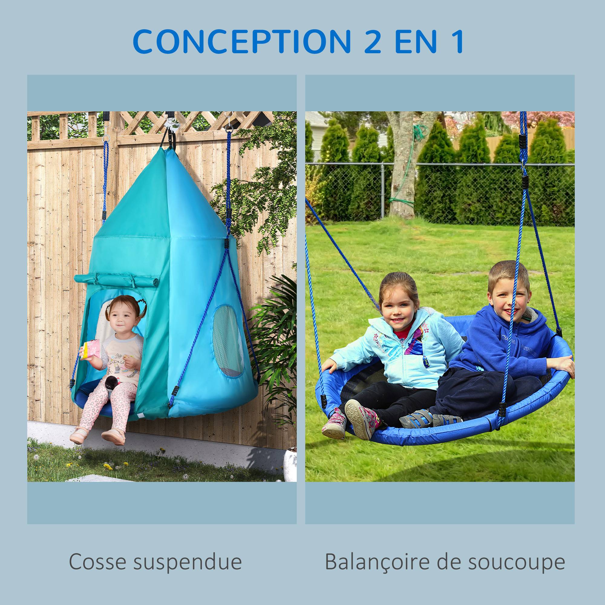 Balançoire nid avec tente amovible Ø100 cm, charge max 150 kg, hauteur réglable de 120 à 180 cm, bleue, multifonction - Image 4