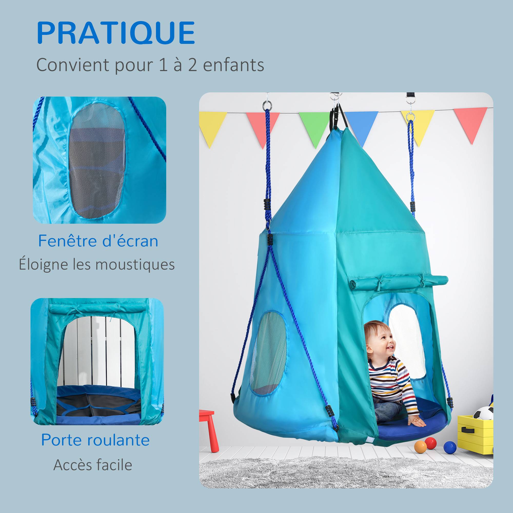 Balançoire nid avec tente amovible Ø100 cm, charge max 150 kg, hauteur réglable de 120 à 180 cm, bleue, multifonction - Image 5