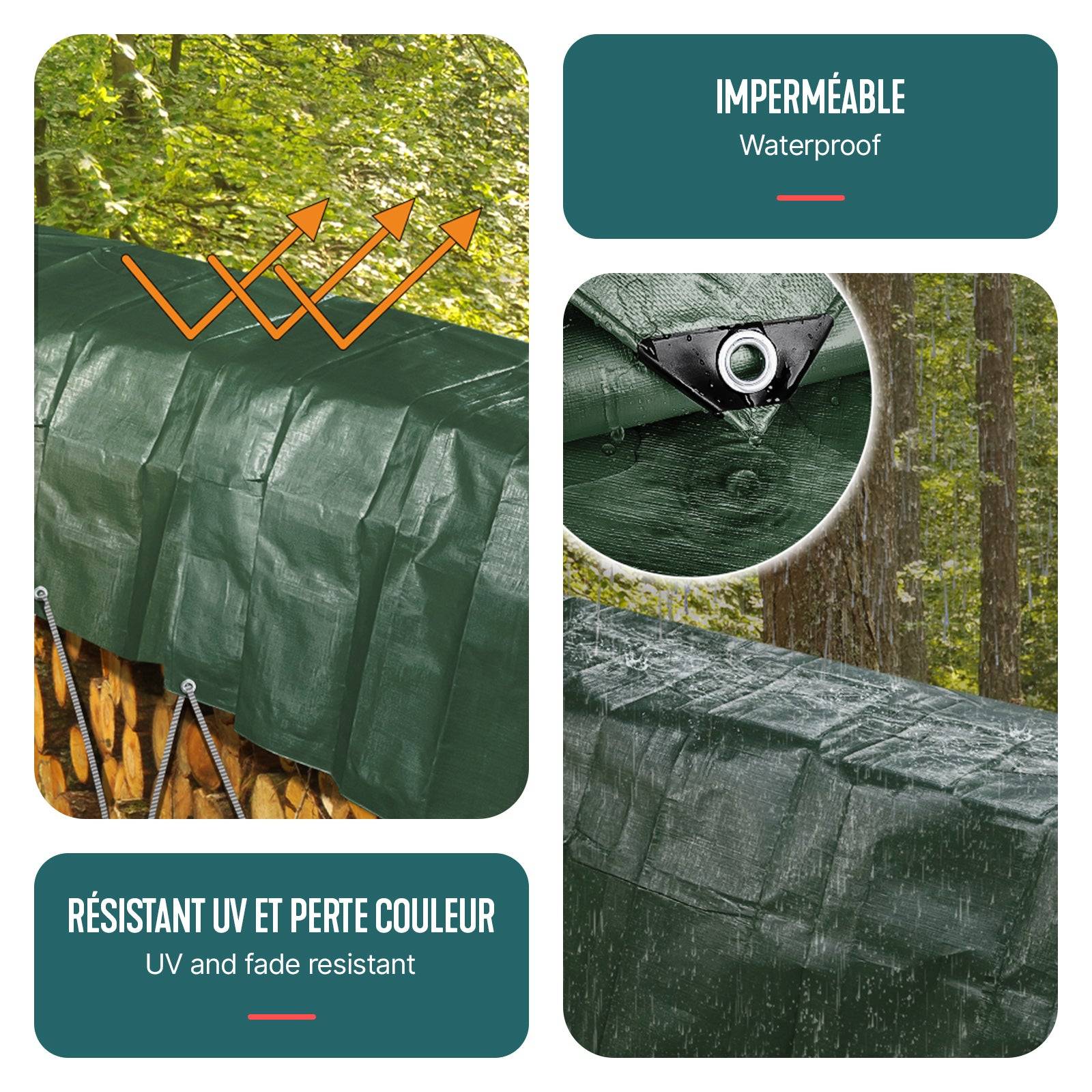 Bâche de Protection en Polyéthylène 240g/m² - 1,5x6m vert et argent - imperméable, anti-UV - VOUNOT® - Image 4