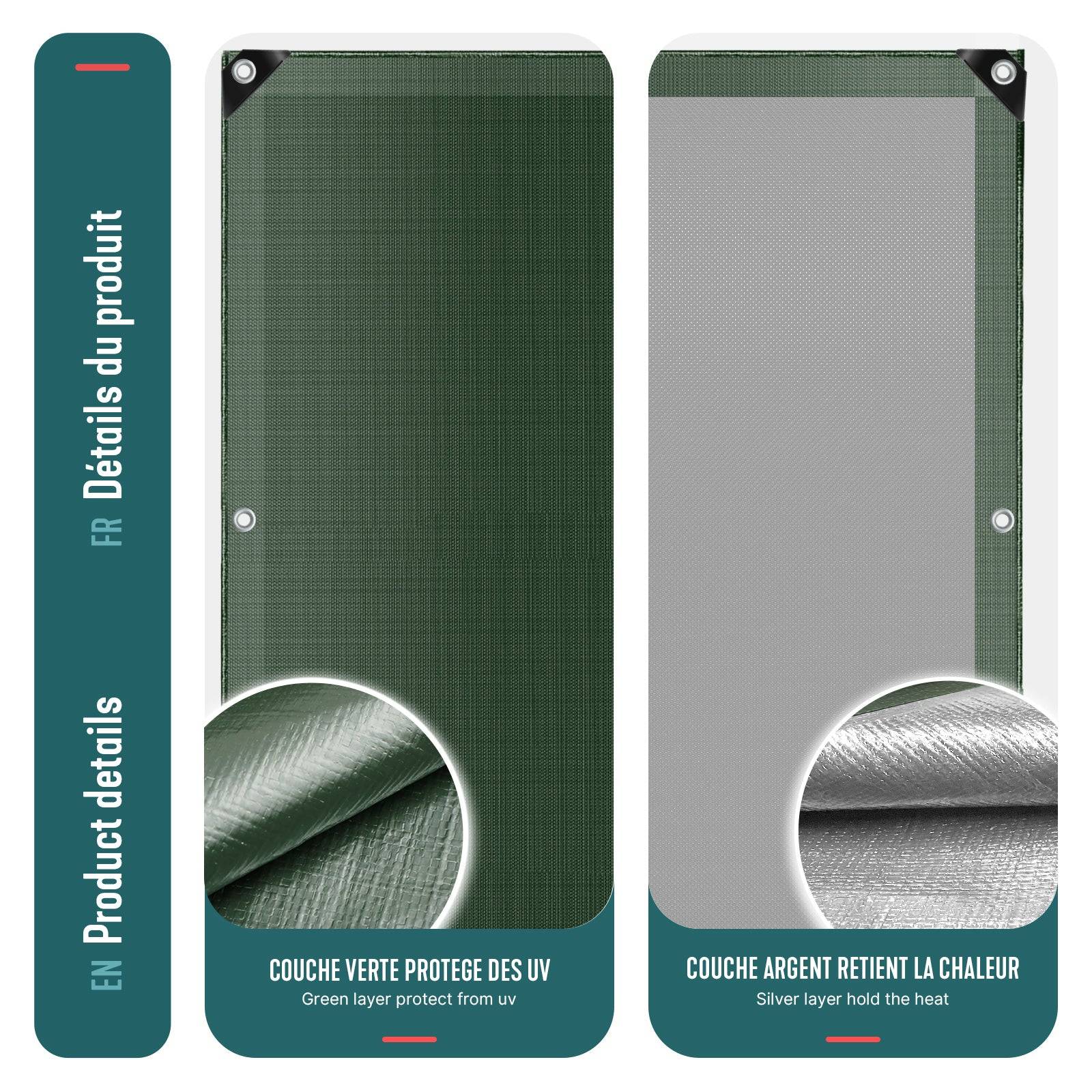 Bâche de Protection en Polyéthylène 240g/m² - 1,5x6m vert et argent - imperméable, anti-UV - VOUNOT® - Image 6