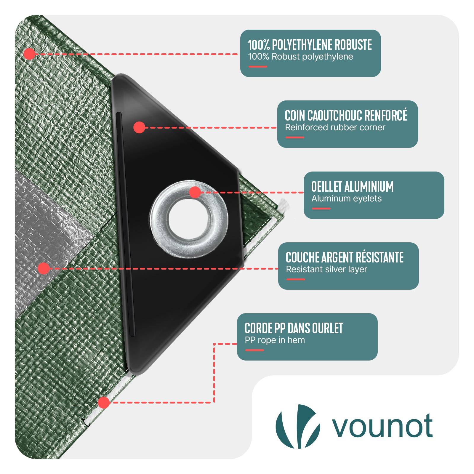 Bâche de Protection en Polyéthylène 240g/m² - 1,5x6m vert et argent - imperméable, anti-UV - VOUNOT® - Image 2
