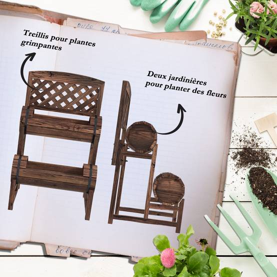 Jardinière treillis bois surélevée balcon jardin potager 2 niveaux 42x49x80cm - ComfortXL Outdoor Living - Image 6