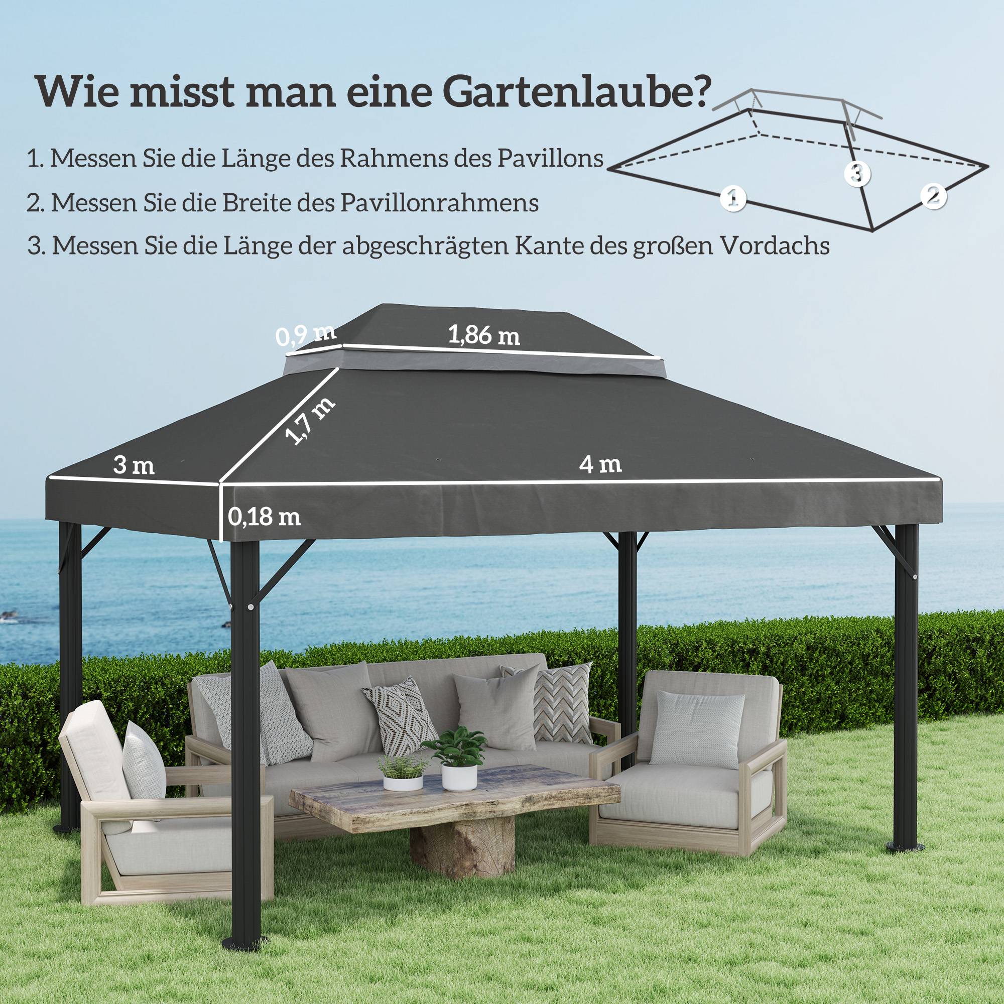 Toit de rechange tonnelle tissu Oxford jardin imperméable double toit 3x4m gris foncé - ComfortXL Outdoor Living - Image 3
