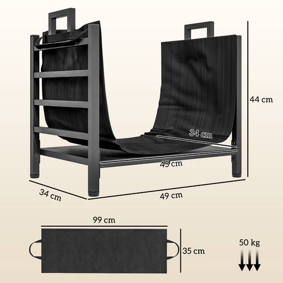 Porte-bûches, range-bûches, avec transporteur amovible, intérieure, 49l x 34P x 44H cm, métal, noir - Image 5