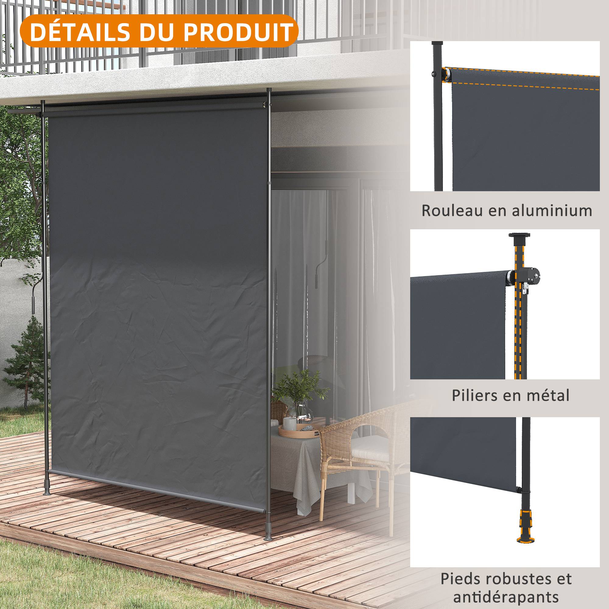 Outsunny - Brise-vue de balcon vertical manivelle sans perçage 200x305 cm protection UV terrasse cadre aluminium gris - Outsunny - Image 8