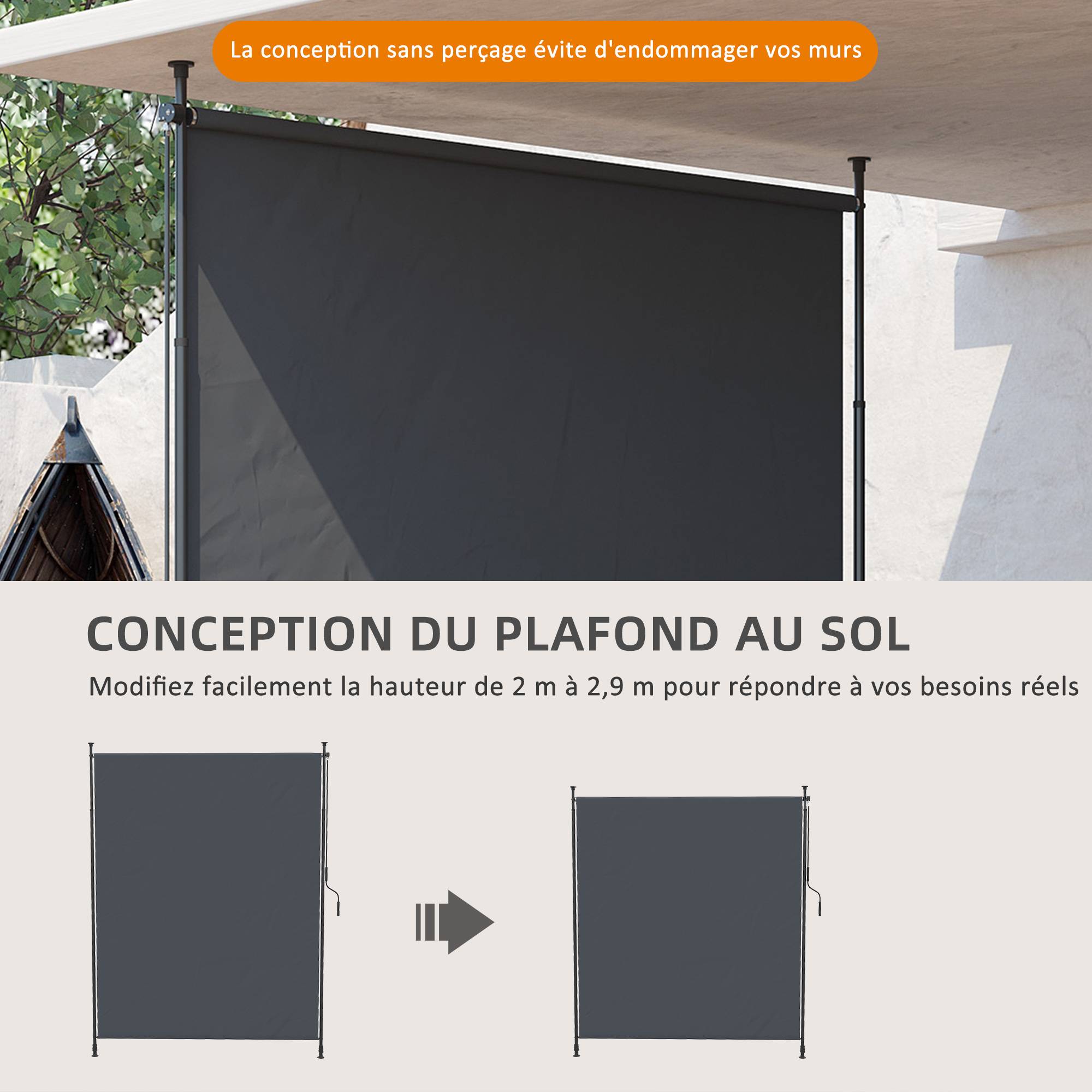 Outsunny - Brise-vue de balcon vertical manivelle sans perçage 200x305 cm protection UV terrasse cadre aluminium gris - Outsunny - Image 5