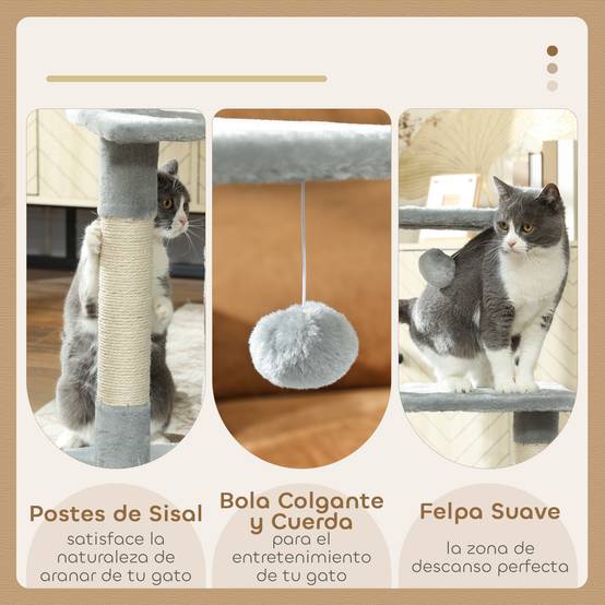 Arbre à chat 81,5 cm avec poteaux en sisal, 2 plateformes, grotte et balle suspendue, style élégant 50 x 30 x 81,5 cm gris - Image 7