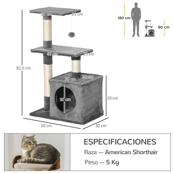 Arbre à chat 81,5 cm avec poteaux en sisal, 2 plateformes, grotte et balle suspendue, style élégant 50 x 30 x 81,5 cm gris - Image 5