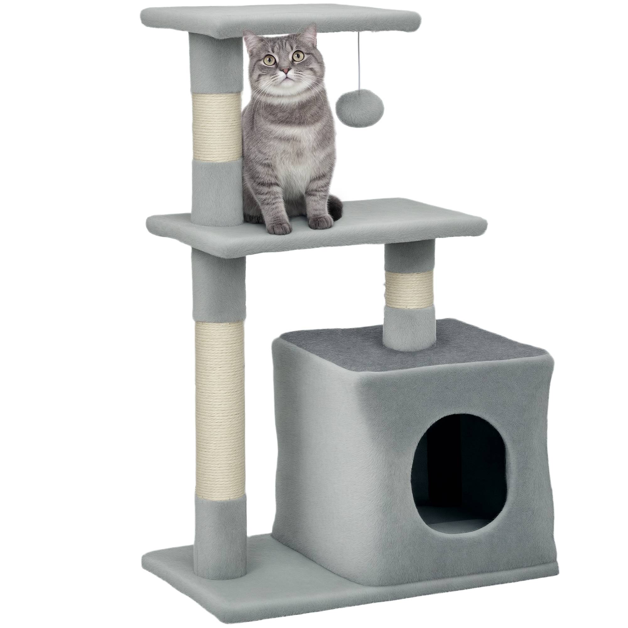 Arbre à chat 81,5 cm avec poteaux en sisal, 2 plateformes, grotte et balle suspendue, style élégant 50 x 30 x 81,5 cm gris - Image 1