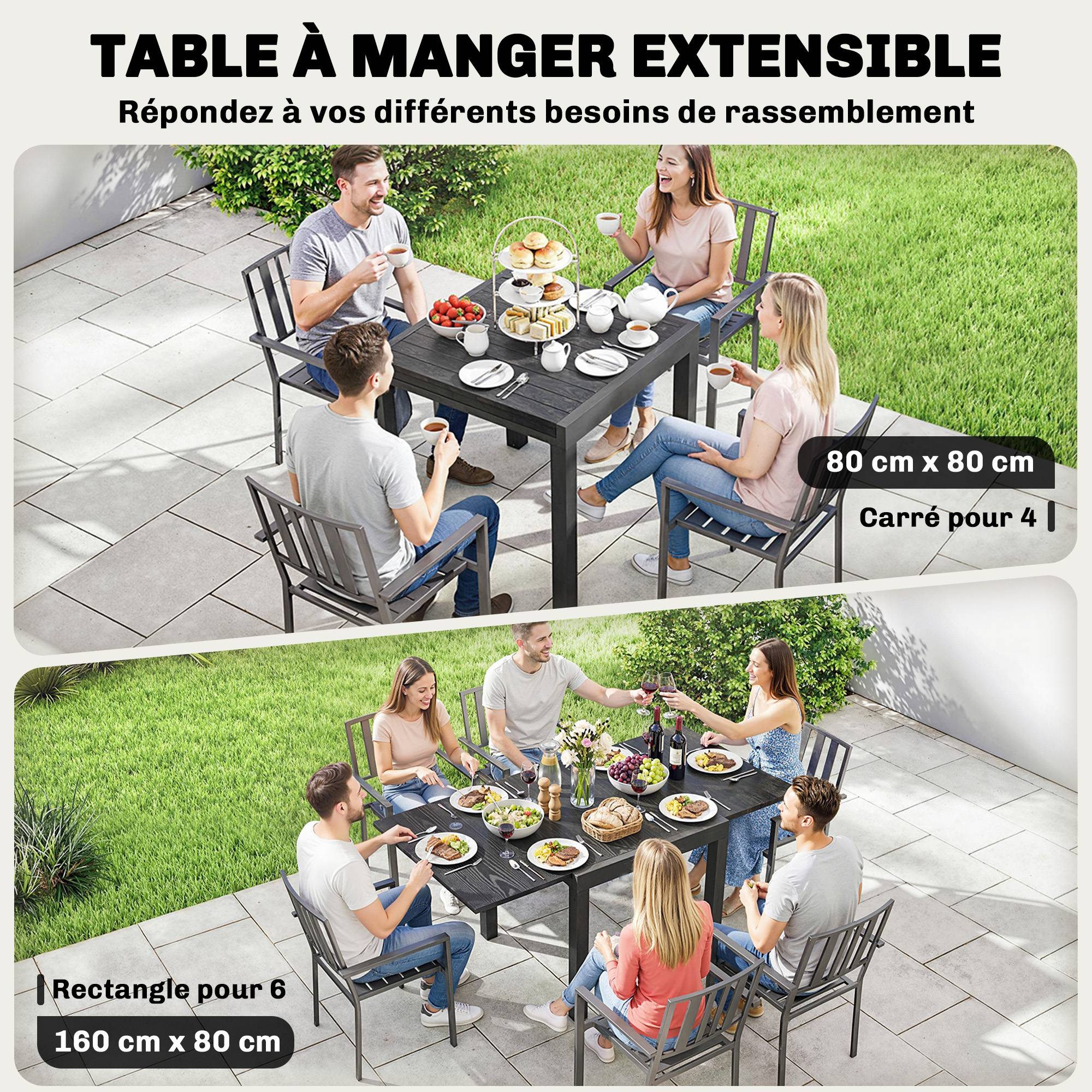 Table de jardin extensible pour 4-6 personnes avec rallonge auto-stockée aluminium avec effet bois 80-160 x 80 cm noir - Image 6