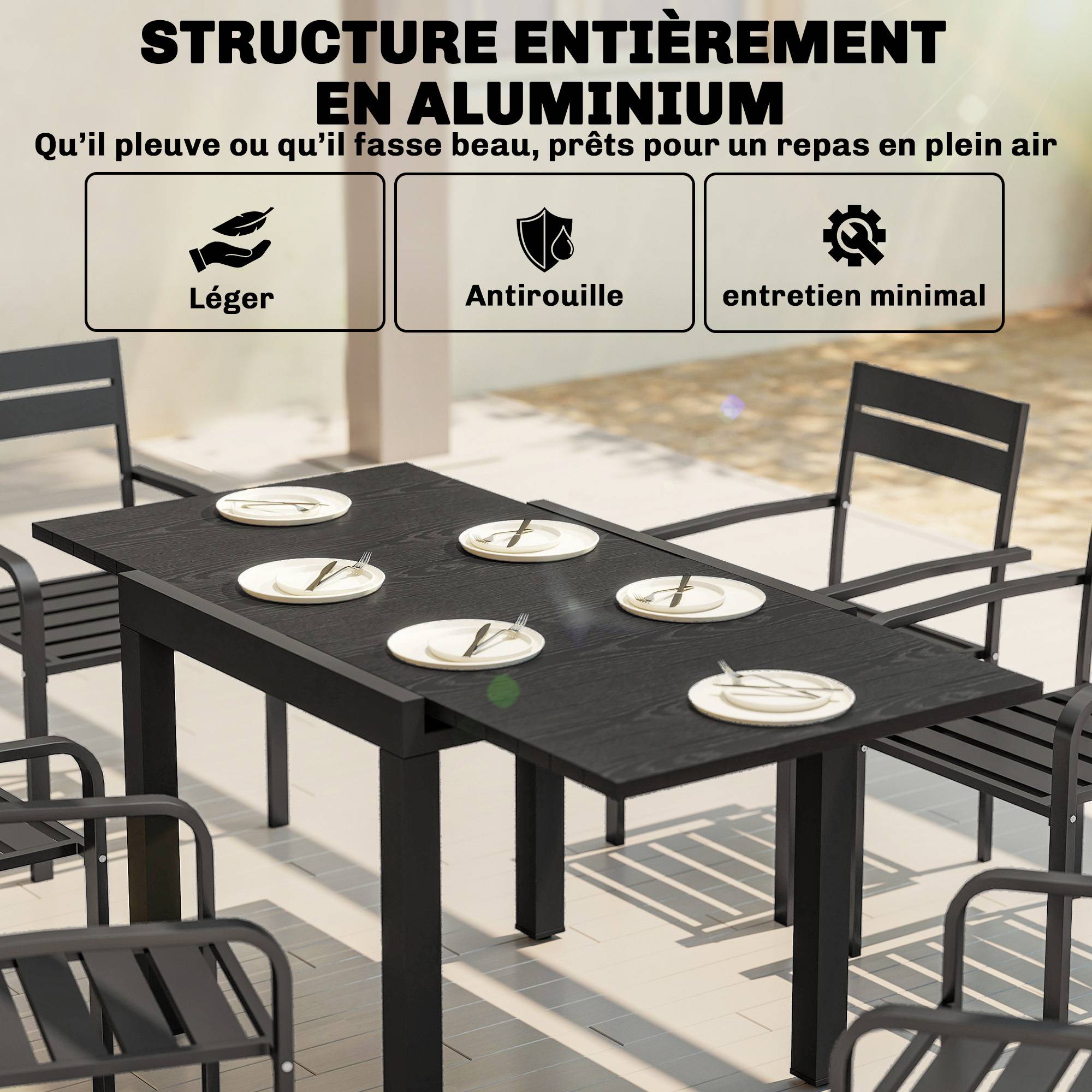 Table de jardin extensible pour 4-6 personnes avec rallonge auto-stockée aluminium avec effet bois 80-160 x 80 cm noir - Image 7