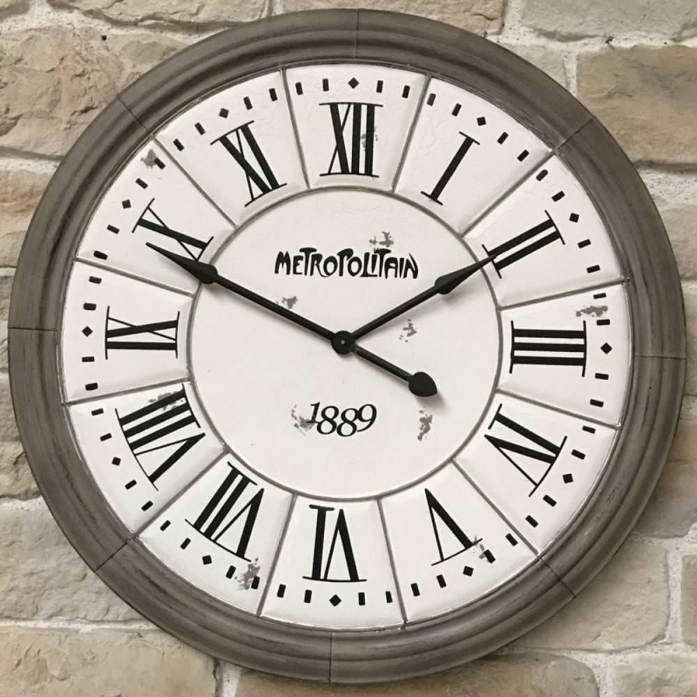 Grande horloge murale décorative vintage salon métal gris blanc 100cm Chemin de campagne - Image 3