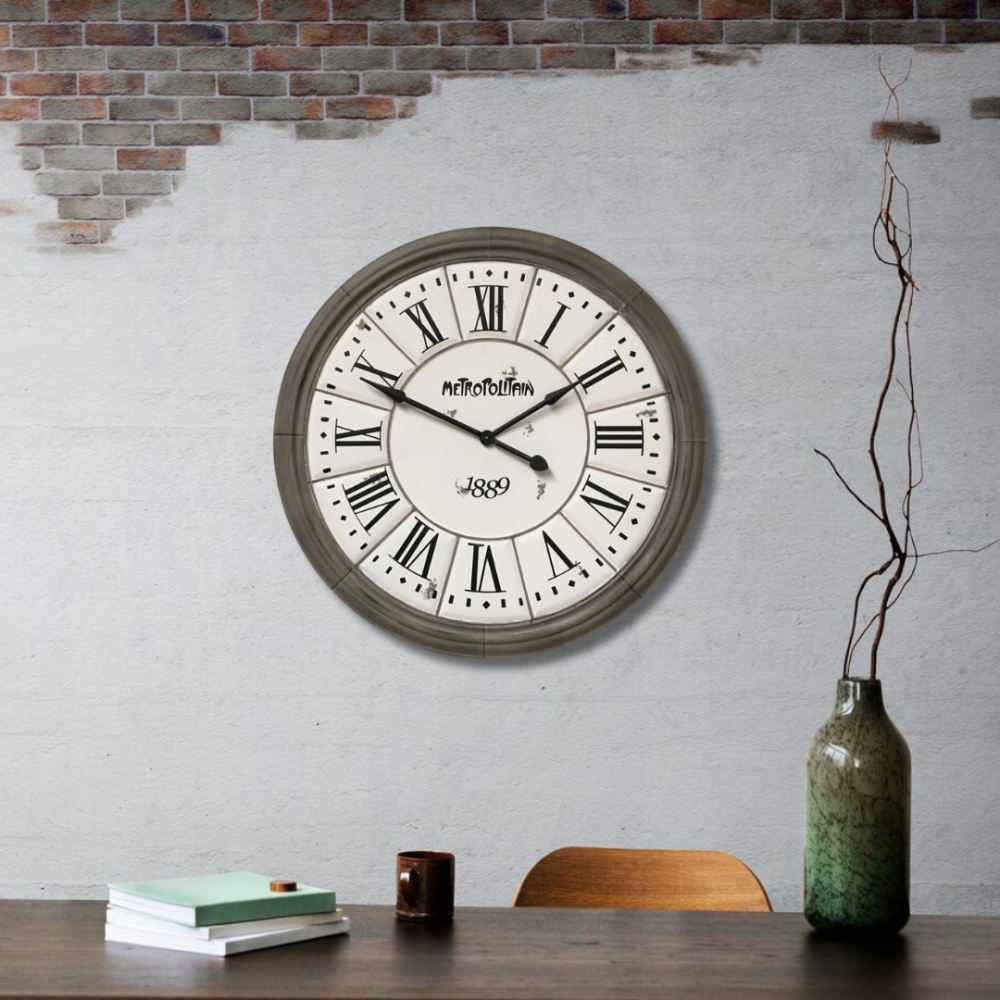 Grande horloge murale décorative vintage salon métal gris blanc 100cm Chemin de campagne - Image 2